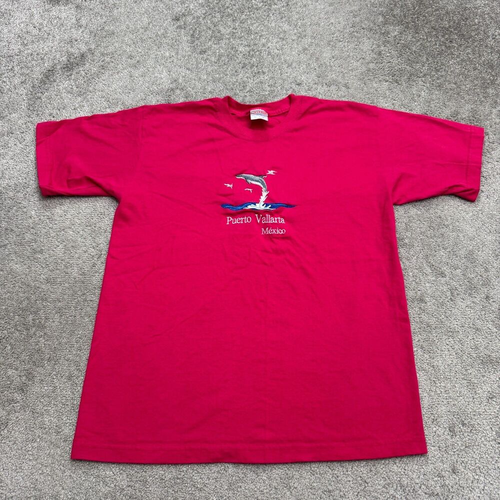 VIntage Puerto Vallarta Mexico Embroidered Dolphin T-Shirt Womens Large Pink Tee